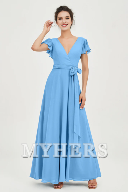 MY HERS Chiffon A-Line V-neck Flutter Sleeves Pleated Lace up Floor-Length Elegant Simple Bridesmaid Dresses Wedding Guests Dresses
