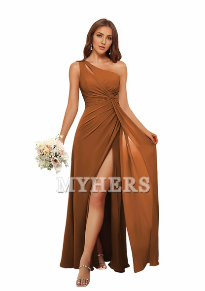 A Line One Shoulder Pleated Side Fork Long Chiffon High Quality Bridesmaid Dresses Wedding Guests Dresses