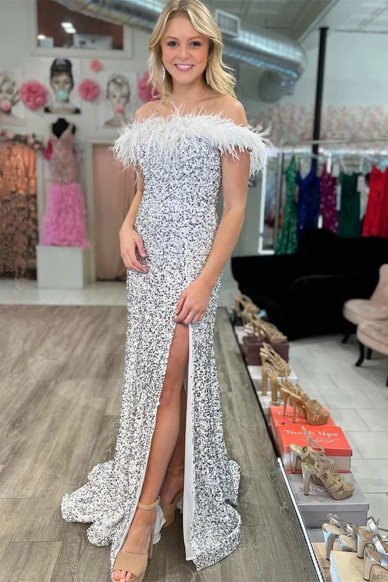 Sequin Feather Off-the-Shoulder Mermaid Long Formal Dress with Slit