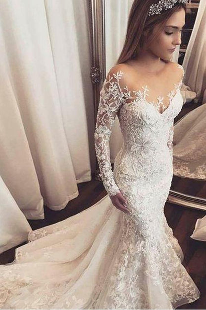 Mermaid Ivory Lace Sweep/Brush Train Scoop Long Sleeve Wedding Dress