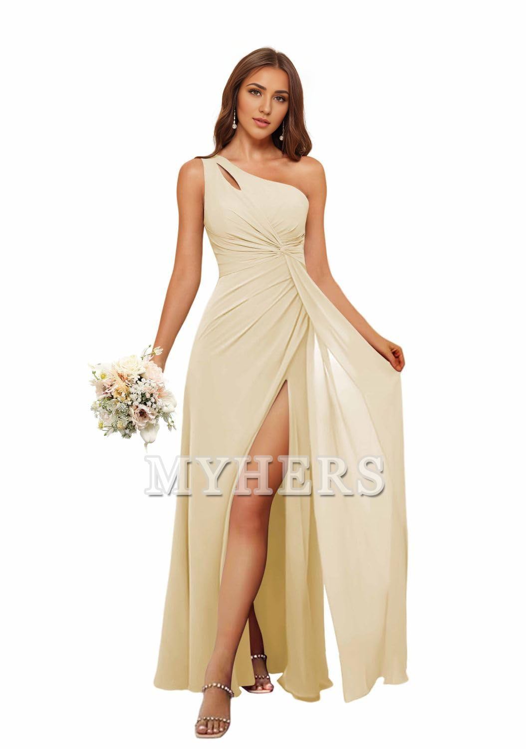 A Line One Shoulder Pleated Side Fork Long Chiffon High Quality Bridesmaid Dresses Wedding Guests Dresses