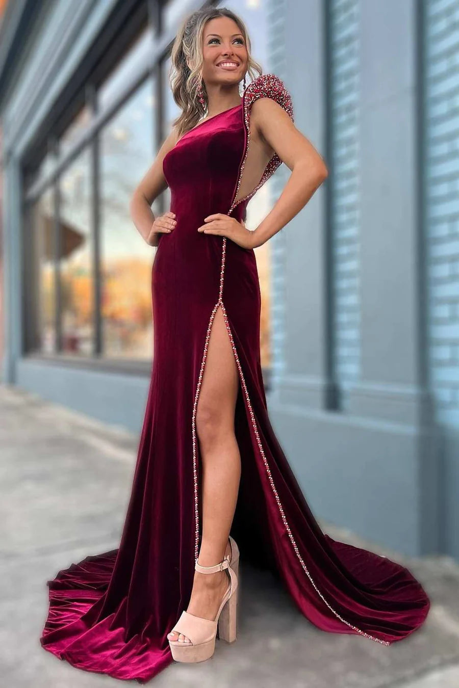 Velvet Beaded One-Shoulder Long Formal Dress with Slit