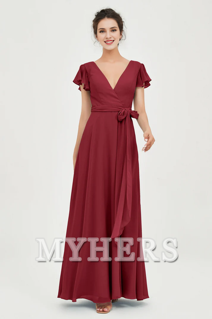 MY HERS Chiffon A-Line V-neck Flutter Sleeves Pleated Lace up Floor-Length Elegant Simple Bridesmaid Dresses Wedding Guests Dresses