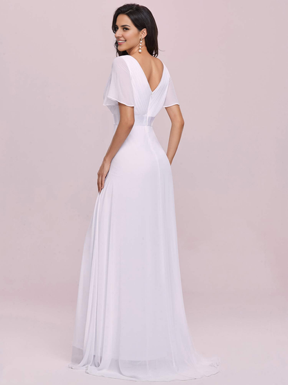 New Pattern Wedding Dress V-Neck Short Sleeve Ruched Floor Length Elegant Formal Women's Dresses
