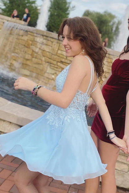 Cute A Line V Neck Spaghetti Strap Light Blue Chiffon Homecoming Dresses with Appliques