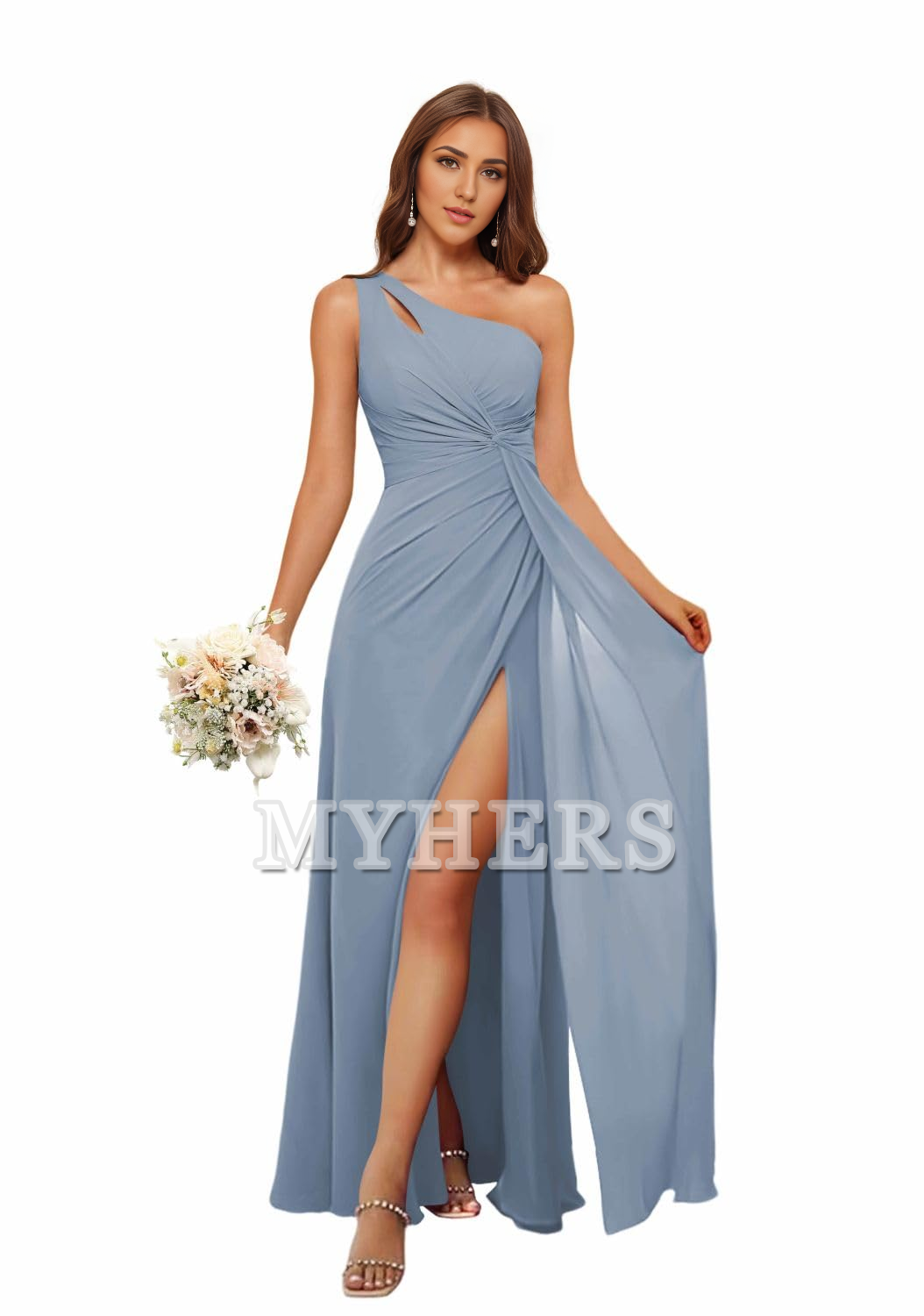 A Line One Shoulder Pleated Side Fork Long Chiffon High Quality Bridesmaid Dresses Wedding Guests Dresses