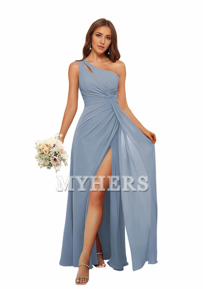 A Line One Shoulder Pleated Side Fork Long Chiffon High Quality Bridesmaid Dresses Wedding Guests Dresses