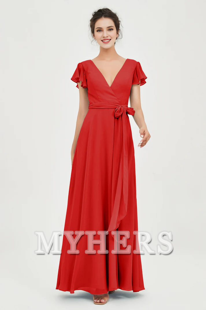 MY HERS Chiffon A-Line V-neck Flutter Sleeves Pleated Lace up Floor-Length Elegant Simple Bridesmaid Dresses Wedding Guests Dresses