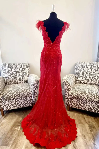 Feather Plunge V Mermaid Long Formal Dress with Slit