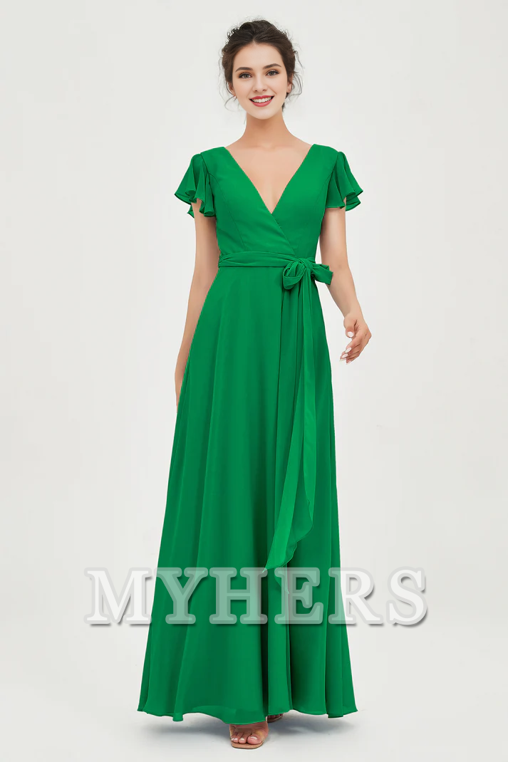 MY HERS Chiffon A-Line V-neck Flutter Sleeves Pleated Lace up Floor-Length Elegant Simple Bridesmaid Dresses Wedding Guests Dresses