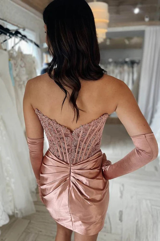 Lace Satin Strapless Short Dress with Gloves