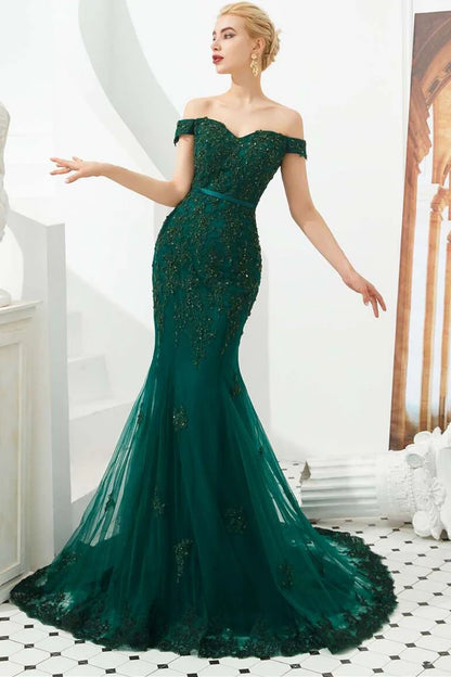 Off-the-Shoulder Appliques Trumpet Long Formal Dress