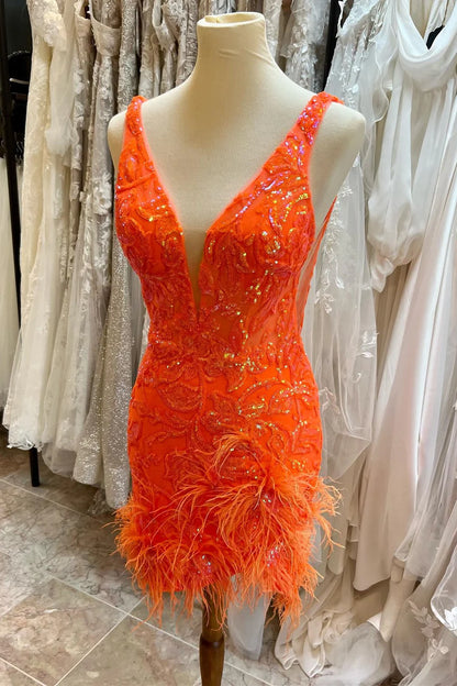 Sequin Lace Plunge V Short Dress with Feathers