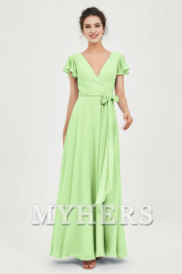 MY HERS Chiffon A-Line V-neck Flutter Sleeves Pleated Lace up Floor-Length Elegant Simple Bridesmaid Dresses Wedding Guests Dresses
