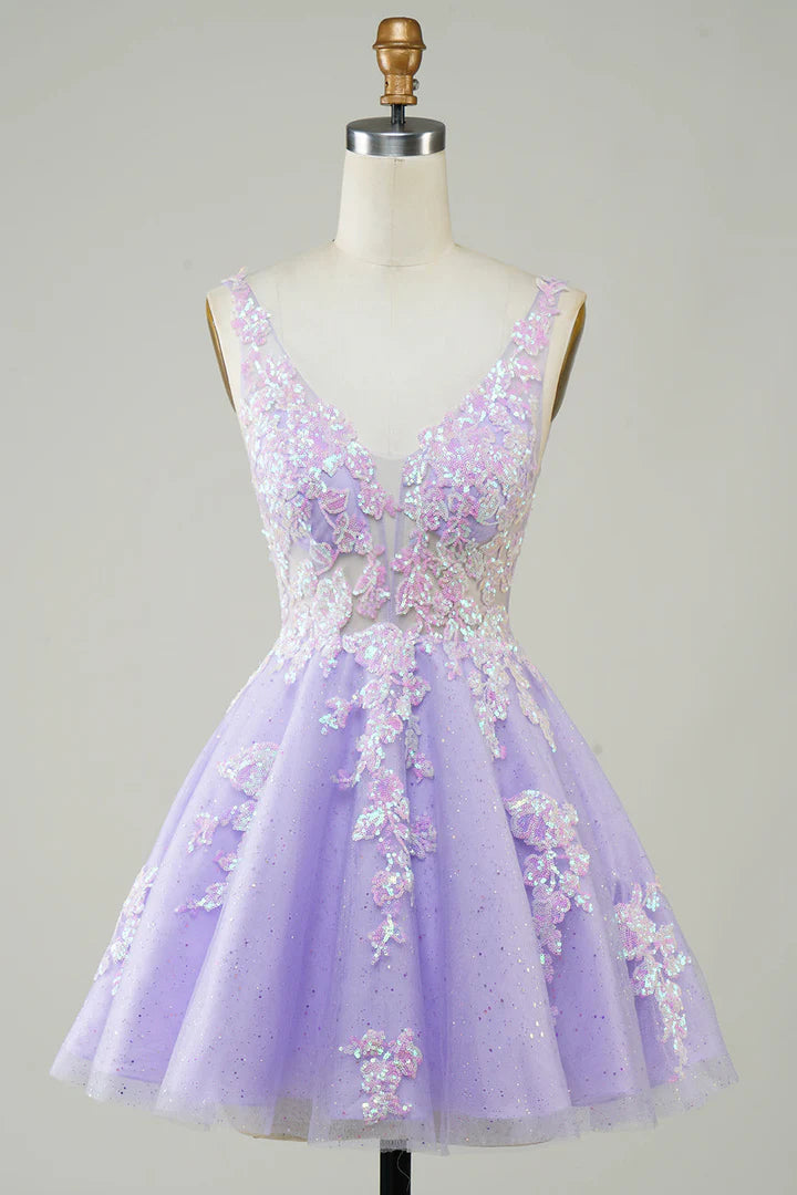 Glitter Applique V-Neck A-Line Homecoming Dress