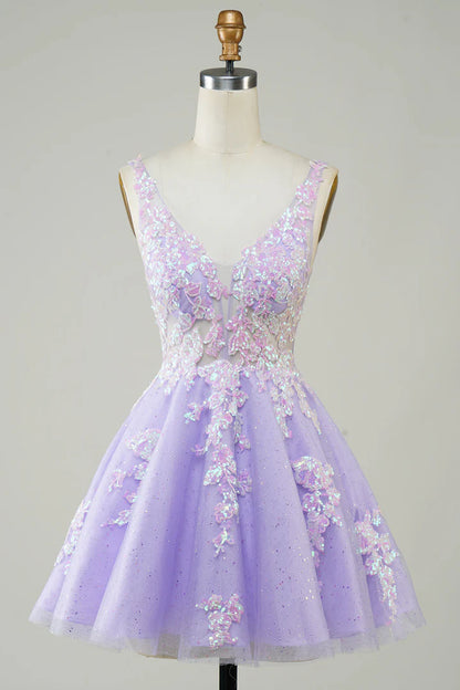 Glitter Applique V-Neck A-Line Homecoming Dress