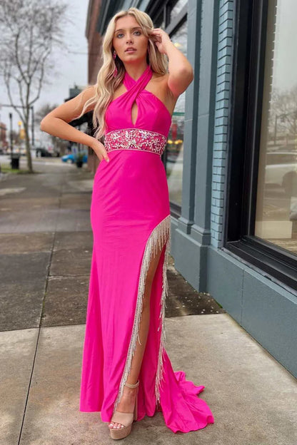 Cross-Front Beaded Cutout Back Mermaid Long Prom Dress