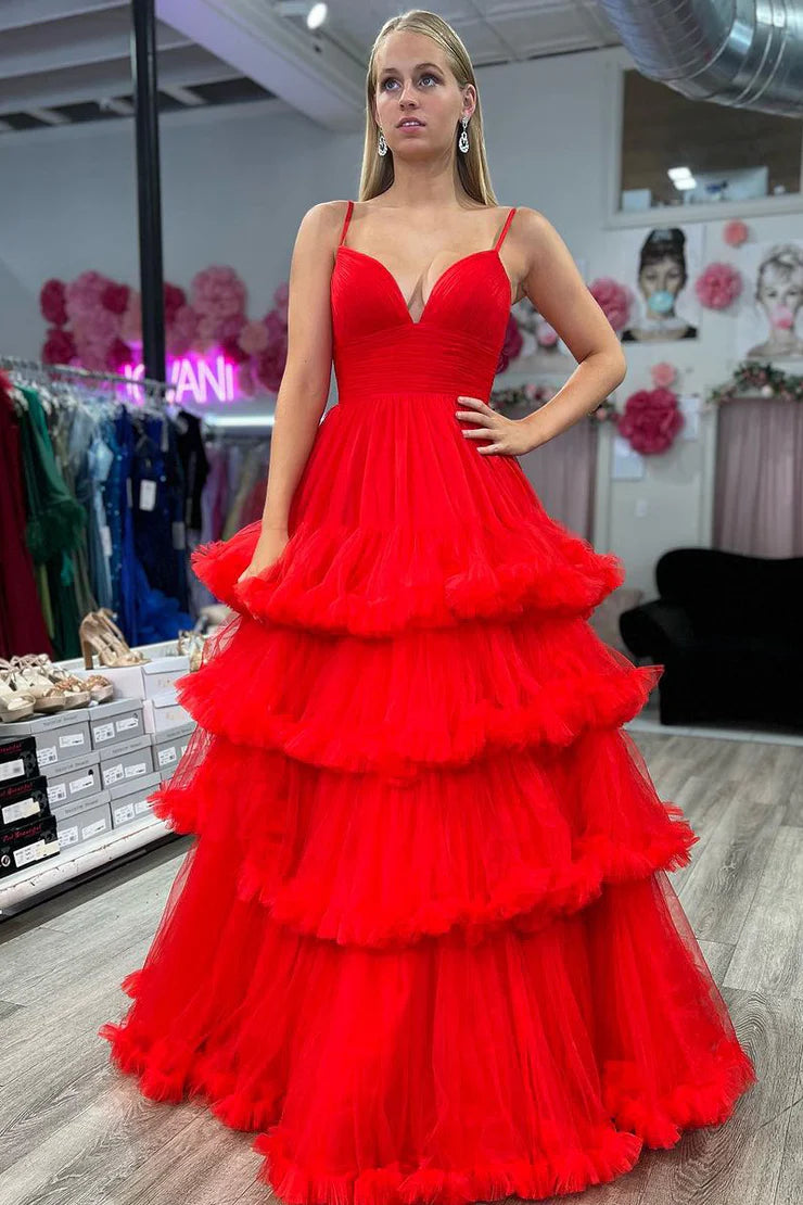 Cute A Line V Neck Spaghetti Strap Red Tulle Backless Long Prom Dresses