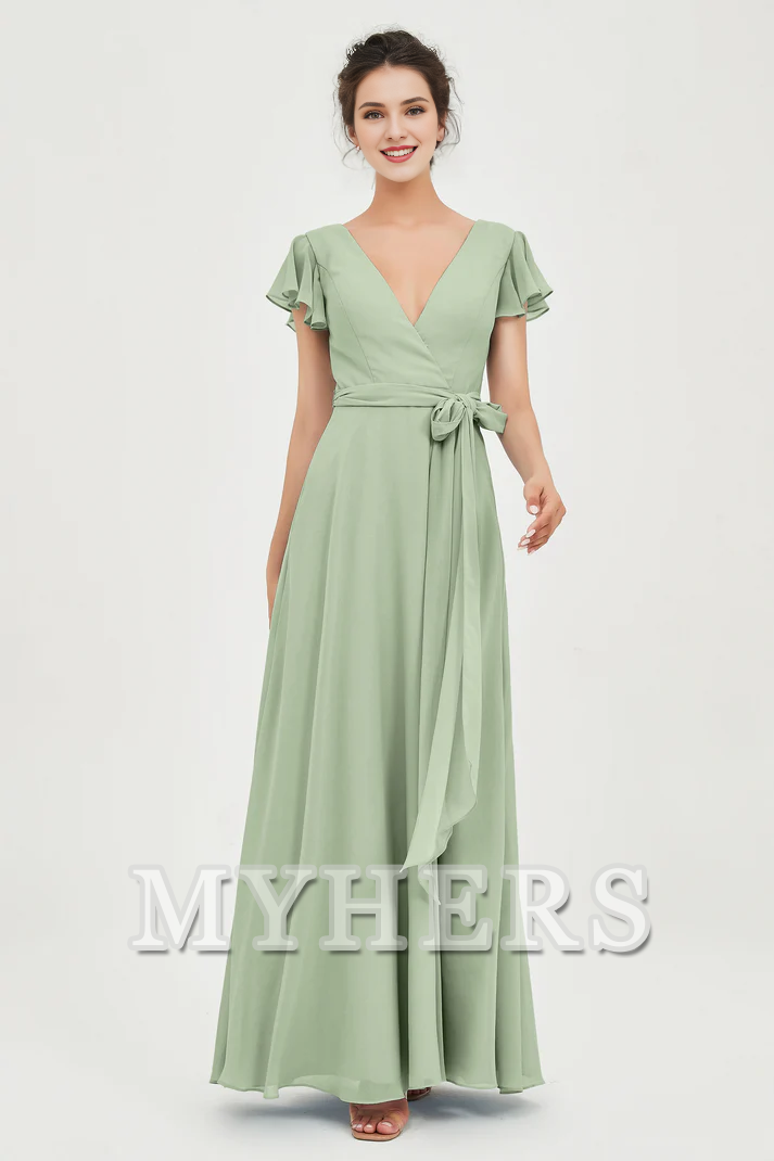 MY HERS Chiffon A-Line V-neck Flutter Sleeves Pleated Lace up Floor-Length Elegant Simple Bridesmaid Dresses Wedding Guests Dresses