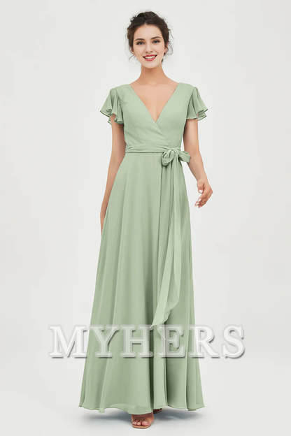 MY HERS Chiffon A-Line V-neck Flutter Sleeves Pleated Lace up Floor-Length Elegant Simple Bridesmaid Dresses Wedding Guests Dresses