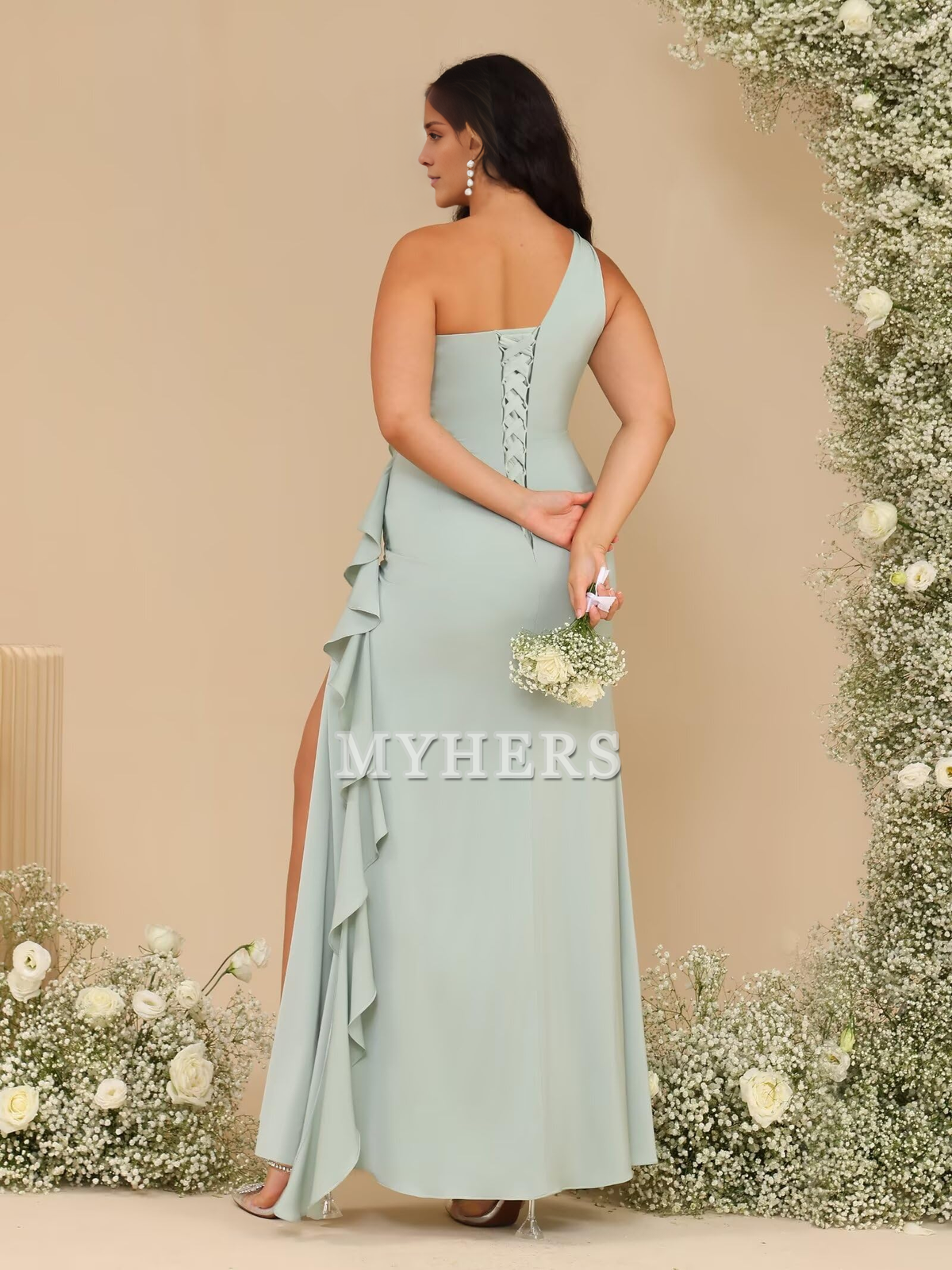 One Shoulder Ruffle Pleated Side Fork Elegant Fashion Bridesmaid Dresses Wedding Guests Dresses