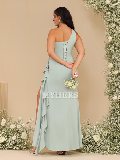 One Shoulder Ruffle Pleated Side Fork Elegant Fashion Bridesmaid Dresses Wedding Guests Dresses