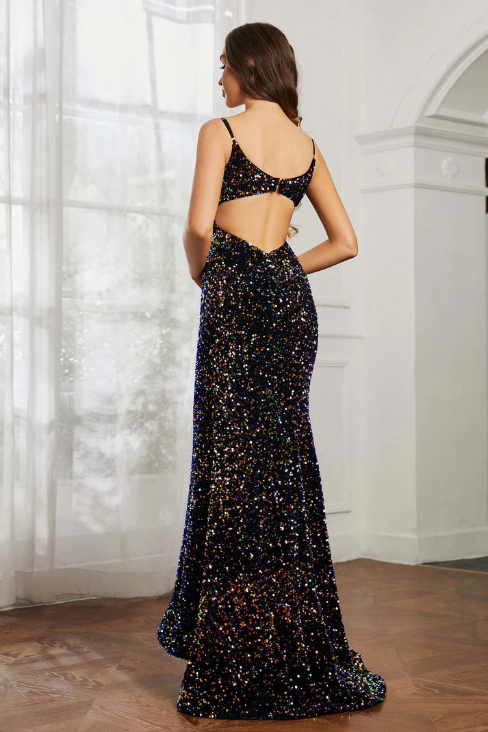 Formal Women's Dresses Spaghetti Straps Sweetheart Sequins Mermaid Dress Open Back Sweep Train Sparkle Charming Evening Dress