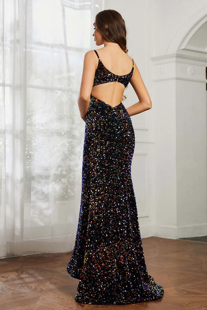 Formal Women's Dresses Spaghetti Straps Sweetheart Sequins Mermaid Dress Open Back Sweep Train Sparkle Charming Evening Dress