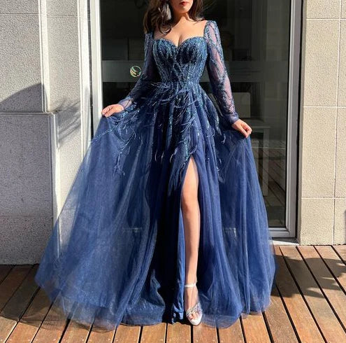A Line Sheath Blue Long Sleeves Prom Dress Long Party Dress Evening Dress With Slit