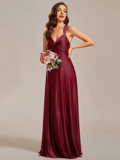 Glittery Pleated V-neck Adjustable Back Lace-Up Sleeveless Bridesmaid Dress/Prom Dresses Party Dresses