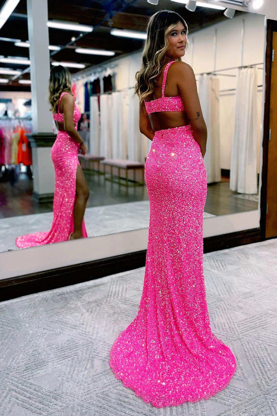 Sequin Cross-Front Cutout Long Prom Dress with Slit