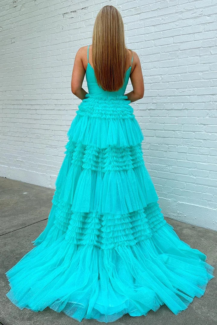 Tulle Multi-Tiered V-Neck Long Prom Dress