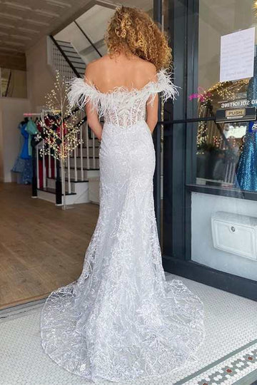 Lace Feather Off-the-Shoulder Mermaid Long Prom Dress