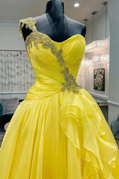 One-Shoulder Yellow Beaded Ruffles Long Prom Gown