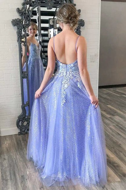 Sparkle  Tulle Flowers Straps Backless A-Line Prom Dress