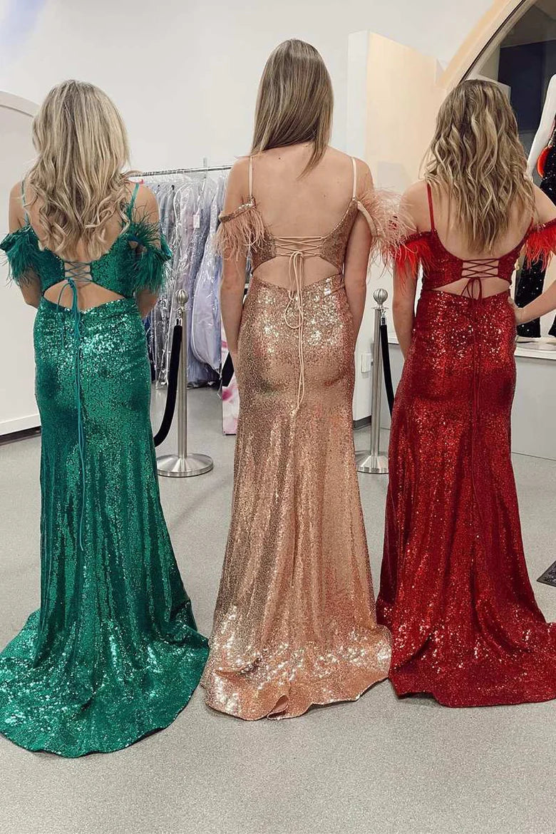 Feather Cold-Shoulder Mermaid Long Formal Dress with Slit