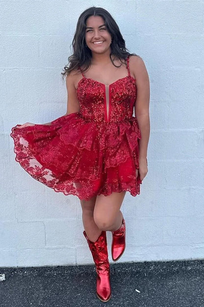 Tulle Sequin Lace-Up Tiered Short Gown