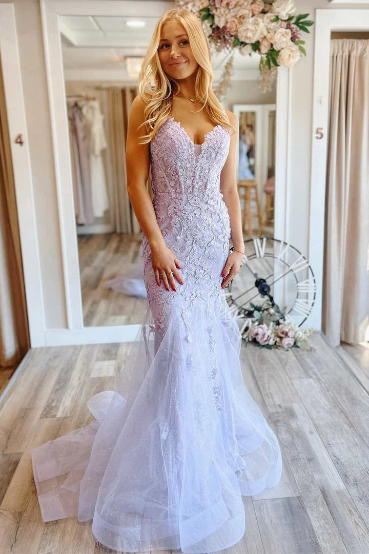 Floral Lace Lace-Up Back Trumpet Long Prom Dress
