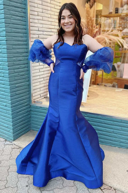 Trumpet  Strapless Long Prom Gown with Puff Sleeves