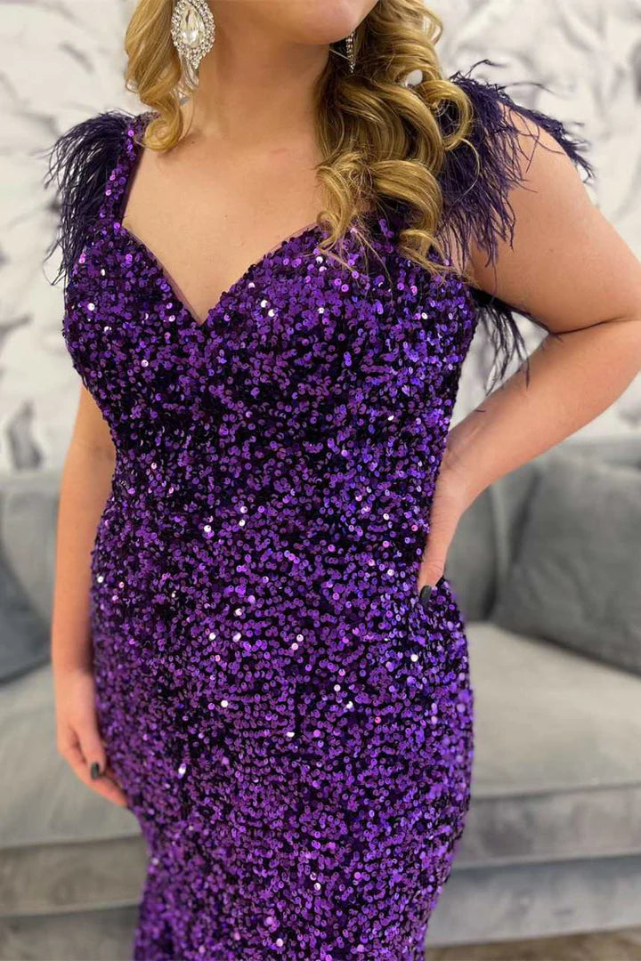 Sequin Feather Straps Mermaid Long Prom Dress