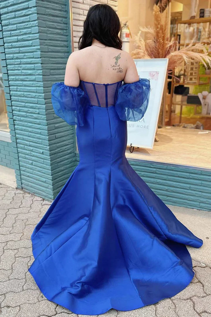 Trumpet  Strapless Long Prom Gown with Puff Sleeves