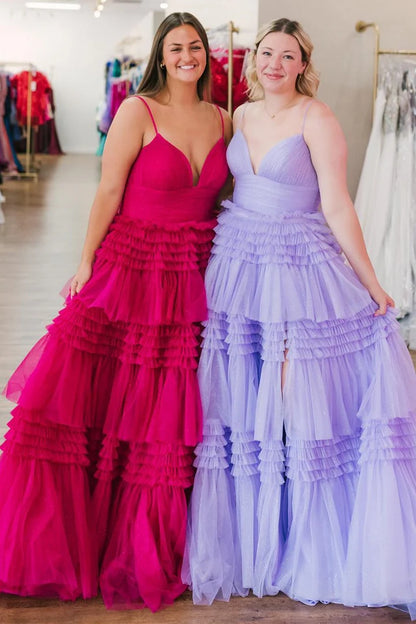 Tulle Multi-Tiered V-Neck Long Prom Dress