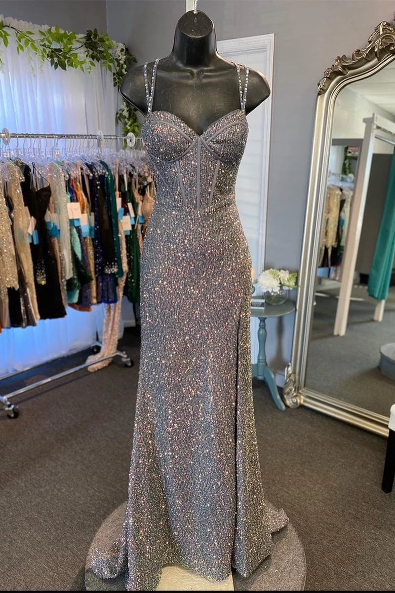Sequin Sweetheart Lace-Up Mermaid Long Prom Dress with Slit