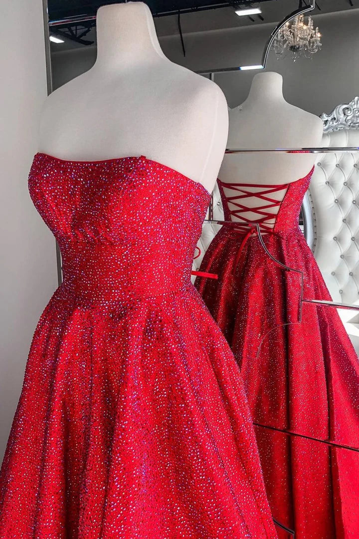 Hunter Green Strapless A-line Long Prom Dress