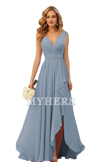 Elegant V Neck Chiffon Ruched Side Fork Long Bridesmaid Dresses Wedding Guests Dresses