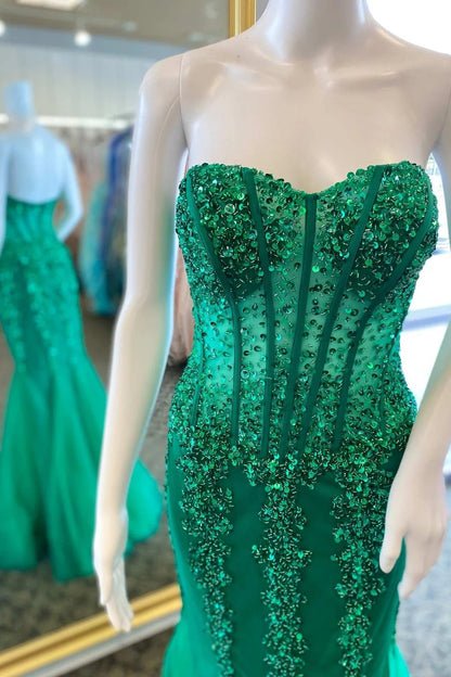 Tulle Beaded Strapless Mermaid Long Formal Dress