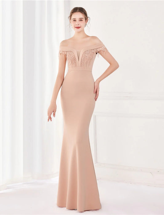 Mermaid / Trumpet Elegant Sexy Wedding Guest Formal Evening Dress Off Shoulder V Back Short Sleeve Floor Length Satin with Tassel