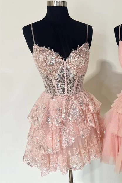 Sequin Lace Corset Bodice Tiered Homecoming Dress