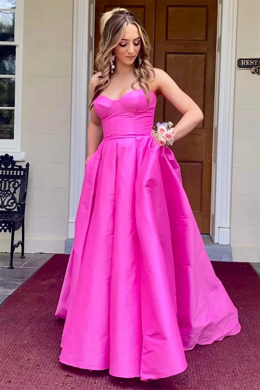 Strapless Satin Sweeping Long Prom Dress