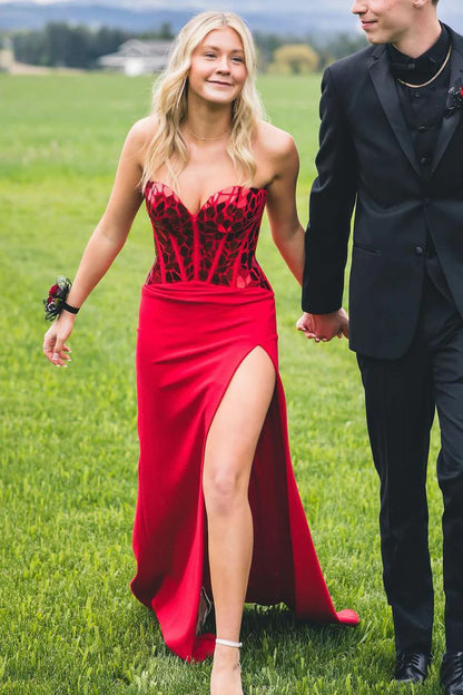 Charming Mermaid Sweetheart Red Off-the-Shoulder Sequins Long Prom Dresses with Side Slit